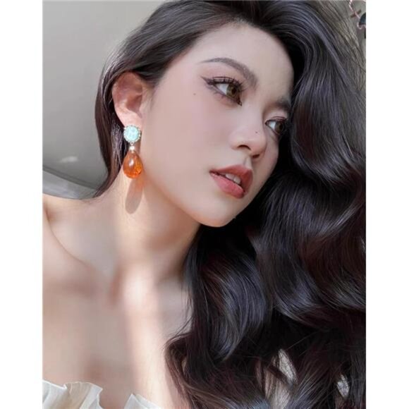 Vintage Amber Teardrop Earrings | Resin Waterdrop Statement Dangle Jewelry Gift - Picture 2 of 5